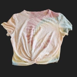 American Eagle Women's Cropped Pastel Tie-Dye Twist-Front Shortsleeved Top